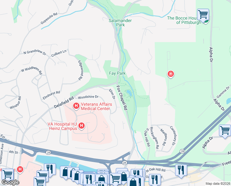 map of restaurants, bars, coffee shops, grocery stores, and more near 103 Eton Drive in Pittsburgh