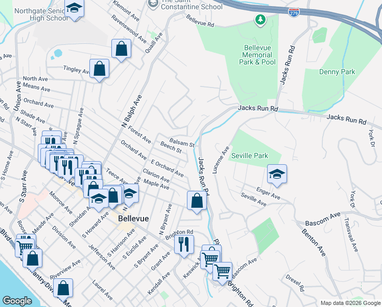 map of restaurants, bars, coffee shops, grocery stores, and more near 30 Beech Street in Pittsburgh