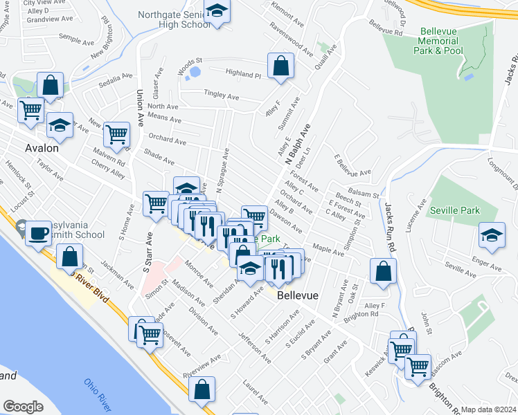 map of restaurants, bars, coffee shops, grocery stores, and more near 103 North Balph Avenue in Pittsburgh