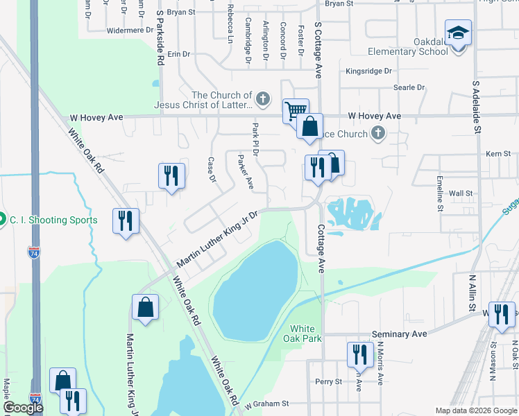 map of restaurants, bars, coffee shops, grocery stores, and more near 1640 Martin Luther King Junior Drive in Bloomington
