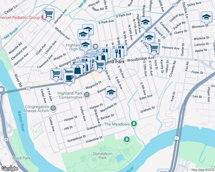 map of restaurants, bars, coffee shops, grocery stores, and more near 424 Magnolia Street in Highland Park