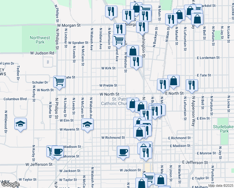 map of restaurants, bars, coffee shops, grocery stores, and more near North Courtland Avenue in Kokomo
