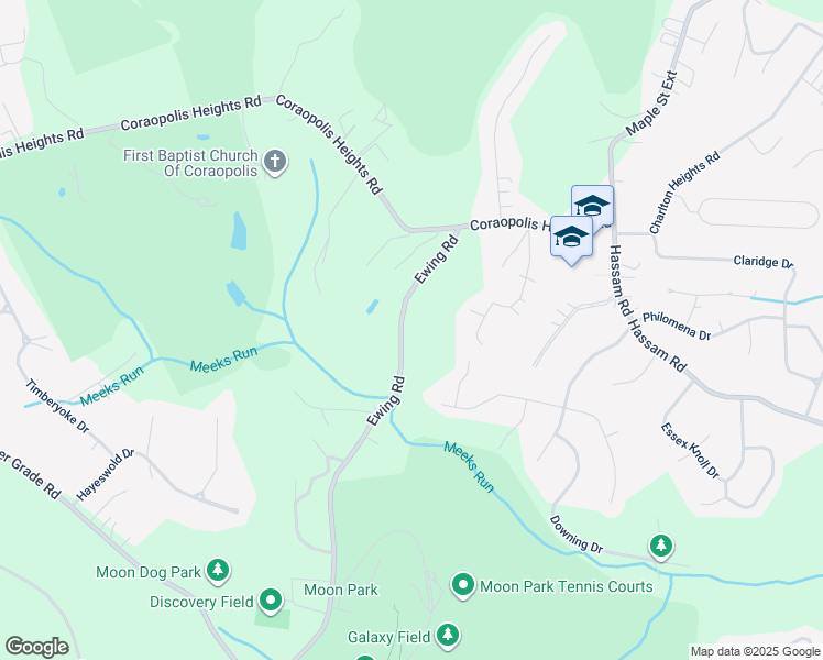 map of restaurants, bars, coffee shops, grocery stores, and more near 1100 Ewing Road in Allegheny County