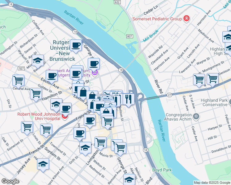 map of restaurants, bars, coffee shops, grocery stores, and more near 1 Johnson And Johnson Plaza in New Brunswick
