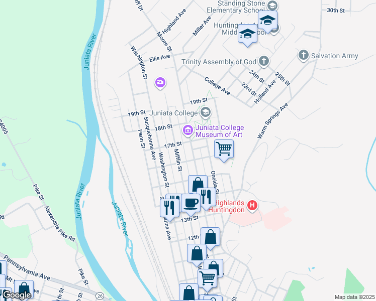 map of restaurants, bars, coffee shops, grocery stores, and more near 1618 Moore Street in Huntingdon