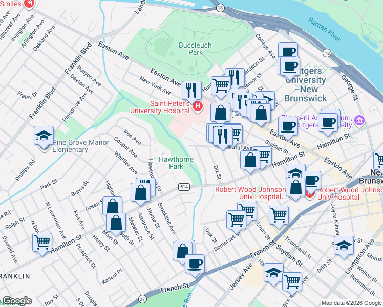 map of restaurants, bars, coffee shops, grocery stores, and more near 106 Central Avenue in New Brunswick