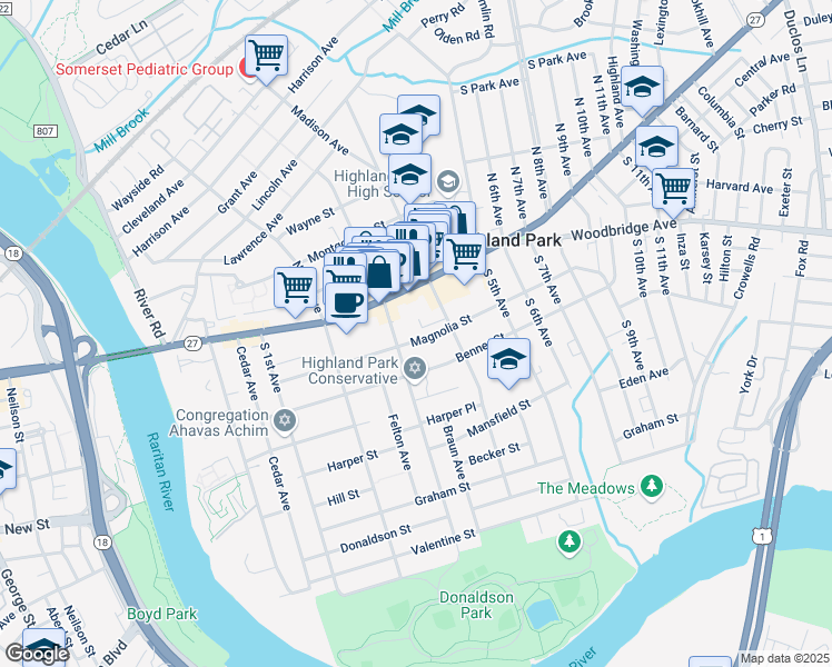 map of restaurants, bars, coffee shops, grocery stores, and more near 307 Magnolia Street in Highland Park