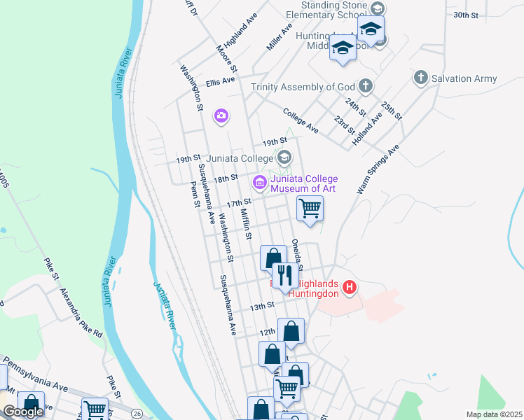 map of restaurants, bars, coffee shops, grocery stores, and more near 1618 Moore Street in Huntingdon