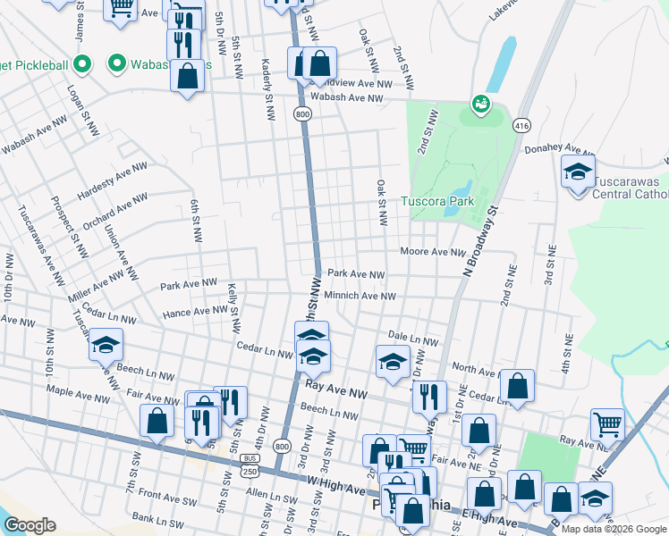 map of restaurants, bars, coffee shops, grocery stores, and more near 617 4th Street Northwest in New Philadelphia