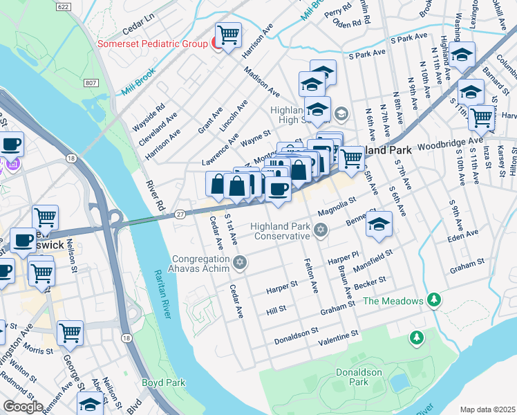 map of restaurants, bars, coffee shops, grocery stores, and more near 202 New Jersey 27 in Highland Park