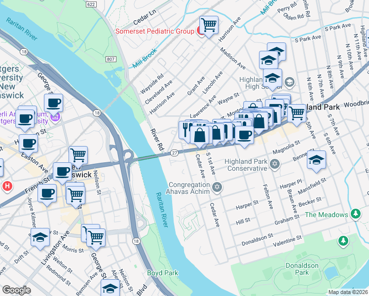 map of restaurants, bars, coffee shops, grocery stores, and more near 17 North Adelaide Avenue in Highland Park