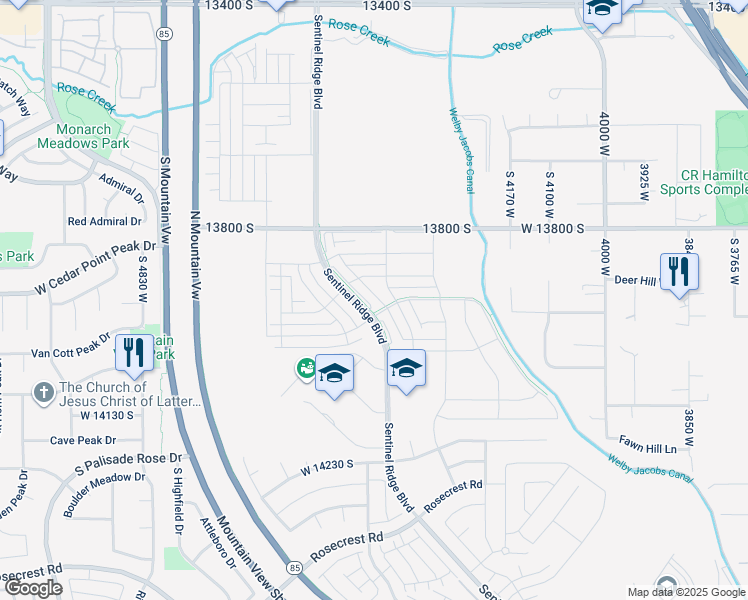 map of restaurants, bars, coffee shops, grocery stores, and more near 13937 Little Ridge Lane in Herriman