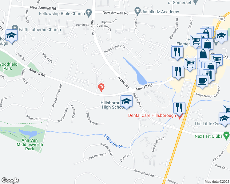 map of restaurants, bars, coffee shops, grocery stores, and more near 473 Amwell Road in Somerset County