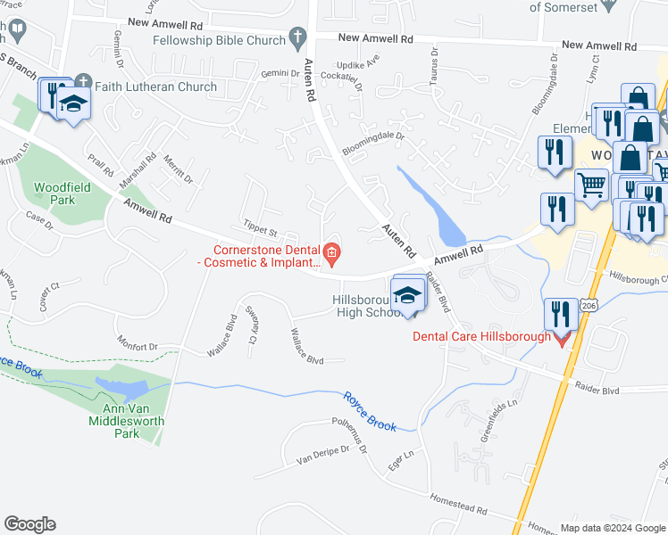 map of restaurants, bars, coffee shops, grocery stores, and more near 485 Amwell Road in Somerset County