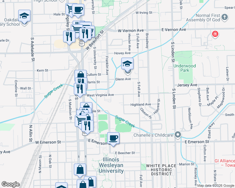 map of restaurants, bars, coffee shops, grocery stores, and more near 106 West Virginia Avenue in Normal