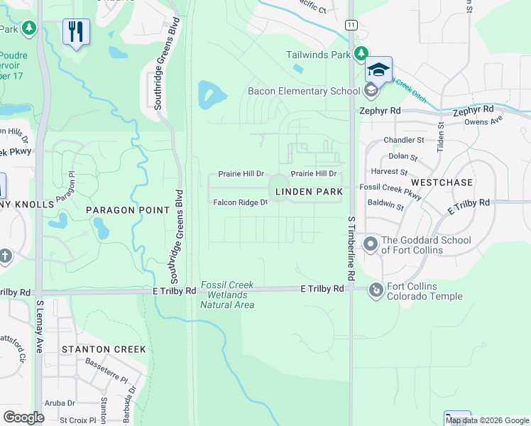 map of restaurants, bars, coffee shops, grocery stores, and more near 1803 Falcon Ridge Drive in Fort Collins