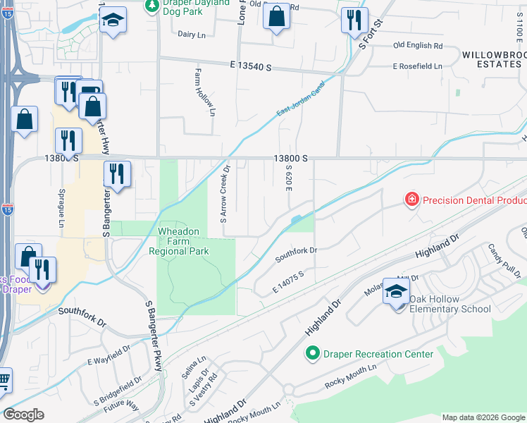 map of restaurants, bars, coffee shops, grocery stores, and more near 13924 Summerset Circle in Draper