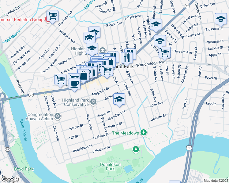 map of restaurants, bars, coffee shops, grocery stores, and more near 424 Magnolia Street in Highland Park