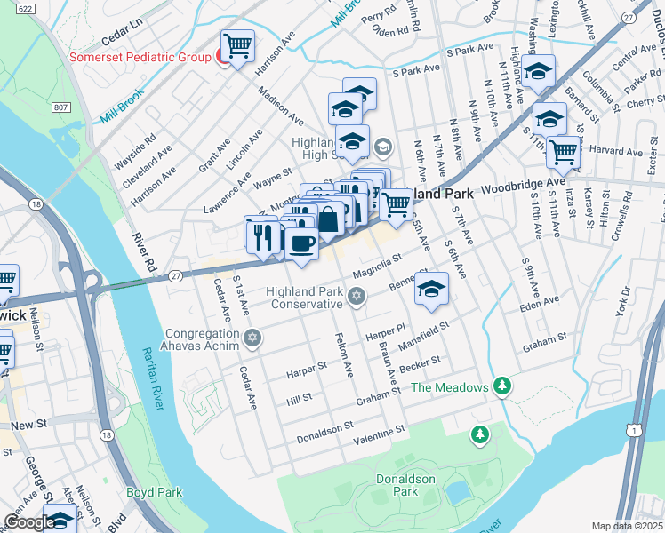 map of restaurants, bars, coffee shops, grocery stores, and more near 234 Raritan Avenue in Highland Park