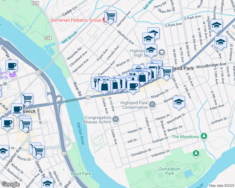 map of restaurants, bars, coffee shops, grocery stores, and more near 125 Raritan Avenue in Highland Park