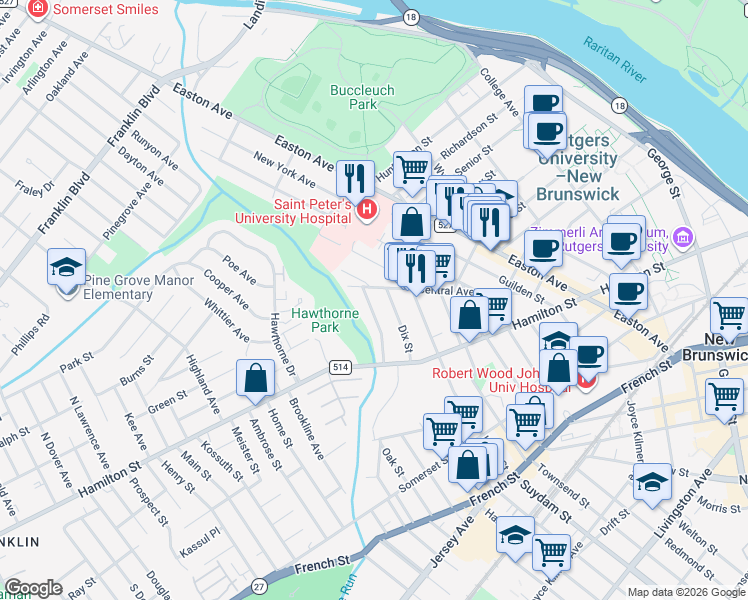 map of restaurants, bars, coffee shops, grocery stores, and more near 96 Central Avenue in New Brunswick