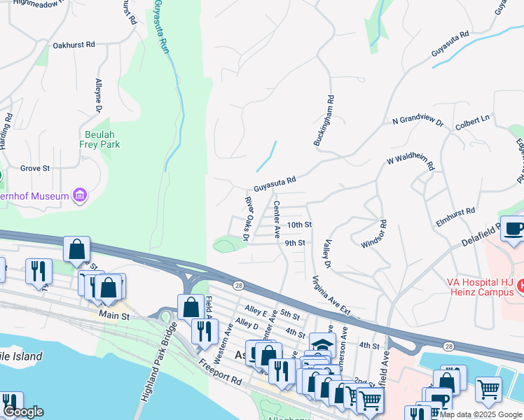 map of restaurants, bars, coffee shops, grocery stores, and more near 1102 River Oaks Drive in Aspinwall