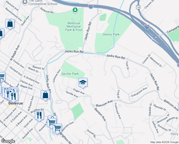 map of restaurants, bars, coffee shops, grocery stores, and more near 128 Longmount Drive in Pittsburgh