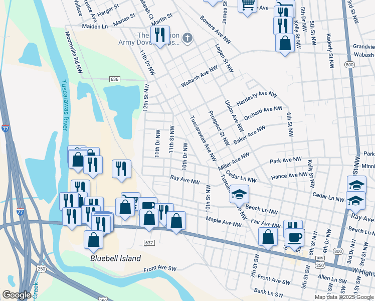 map of restaurants, bars, coffee shops, grocery stores, and more near 614 10th Drive Northwest in New Philadelphia