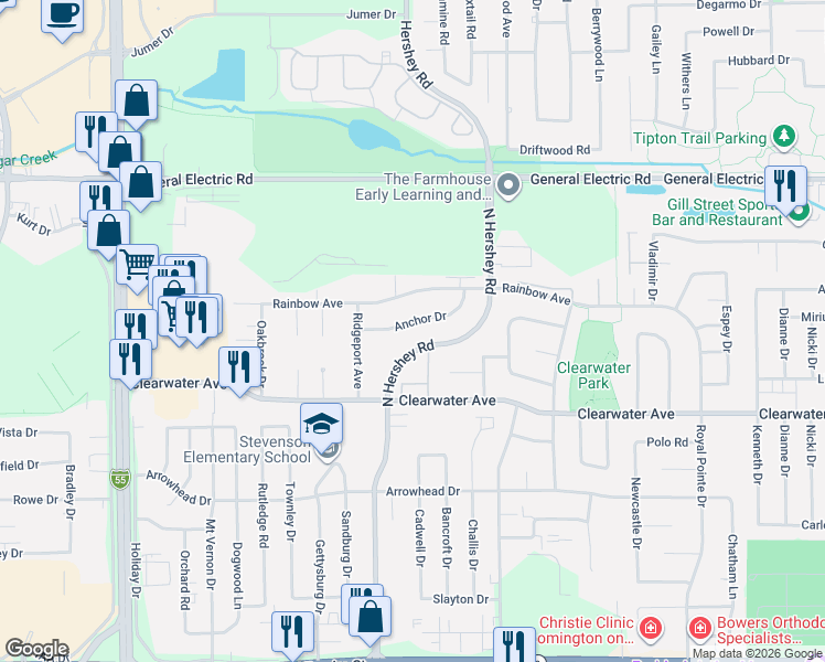 map of restaurants, bars, coffee shops, grocery stores, and more near 2403 Anchor Drive in Bloomington