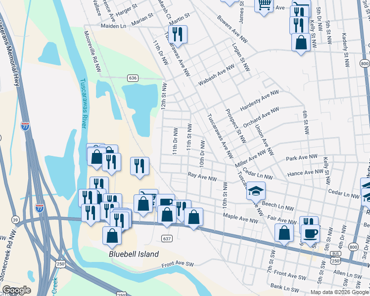 map of restaurants, bars, coffee shops, grocery stores, and more near 604 11th Street Northwest in New Philadelphia