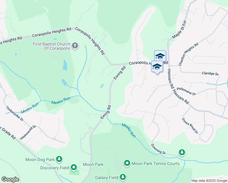 map of restaurants, bars, coffee shops, grocery stores, and more near 1100 Ewing Road in Allegheny County
