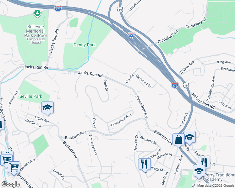 map of restaurants, bars, coffee shops, grocery stores, and more near 120 Brunner Court in Pittsburgh
