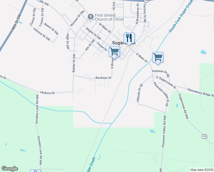 map of restaurants, bars, coffee shops, grocery stores, and more near 114 Buckeye Street in Dover