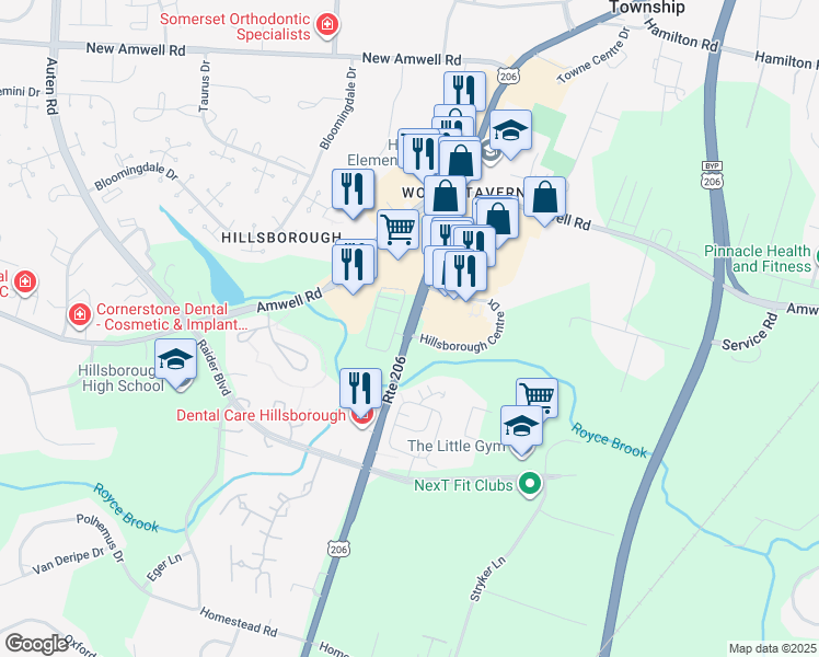 map of restaurants, bars, coffee shops, grocery stores, and more near 652 U.S. 206 in Somerset County