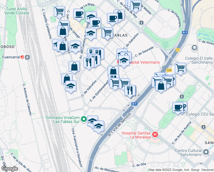 map of restaurants, bars, coffee shops, grocery stores, and more near 17 Calle Quintanavides in Madrid