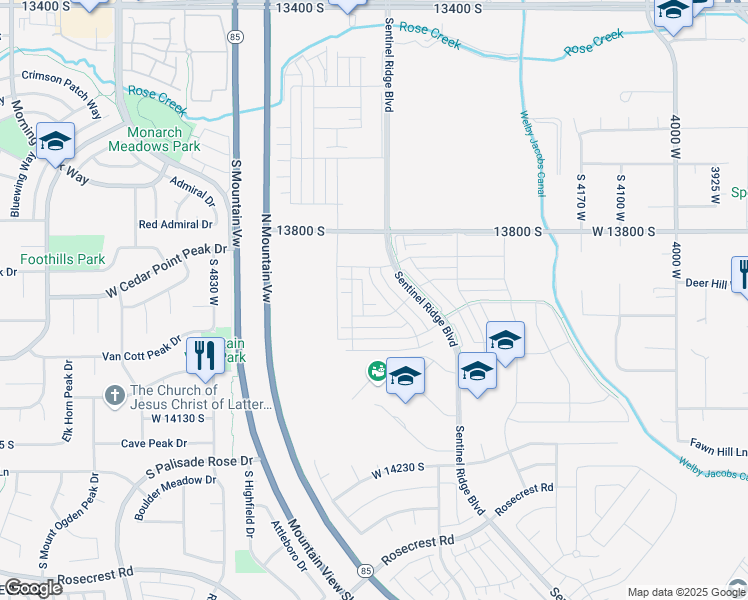 map of restaurants, bars, coffee shops, grocery stores, and more near 4542 West Parkes Peak Lane in Herriman