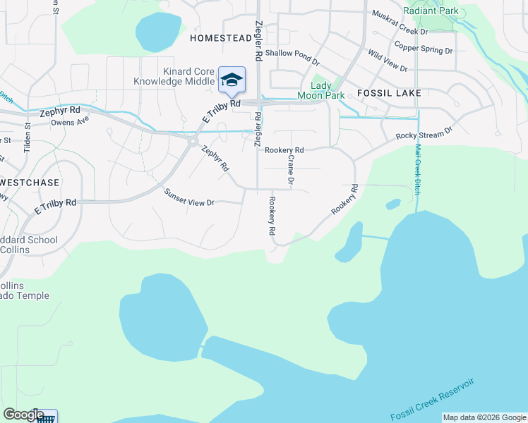map of restaurants, bars, coffee shops, grocery stores, and more near 6582 Rookery Road in Fort Collins