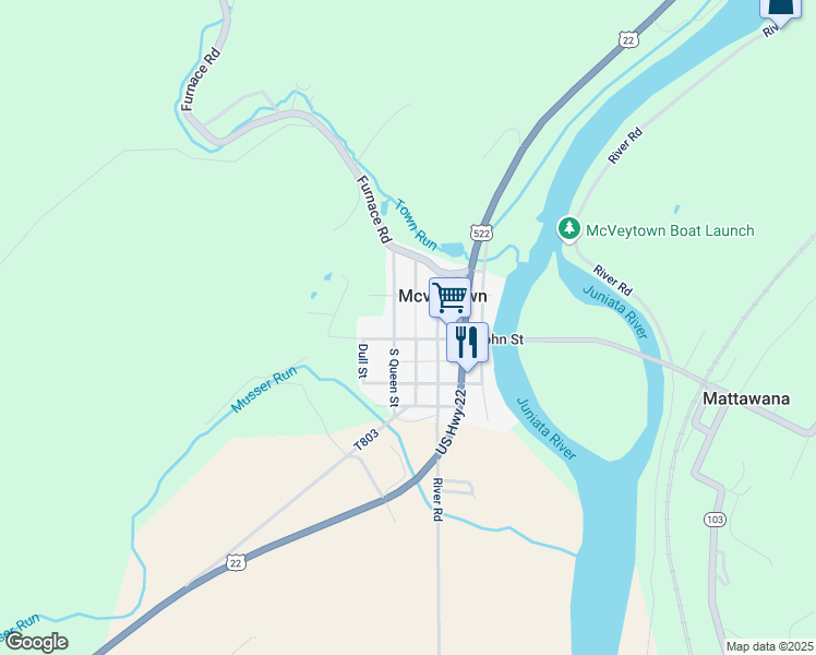 map of restaurants, bars, coffee shops, grocery stores, and more near 9 John Street in McVeytown