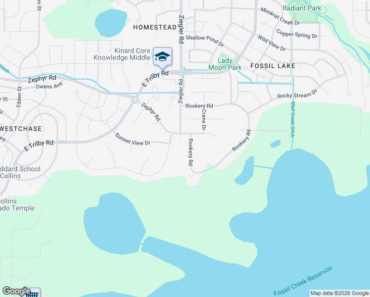 map of restaurants, bars, coffee shops, grocery stores, and more near 6582 Rookery Road in Fort Collins
