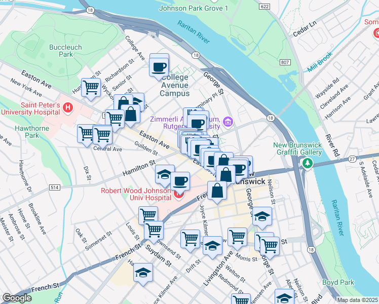 map of restaurants, bars, coffee shops, grocery stores, and more near in New Brunswick