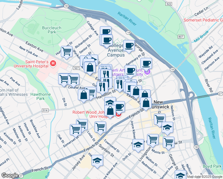 map of restaurants, bars, coffee shops, grocery stores, and more near 92 Easton Avenue in New Brunswick