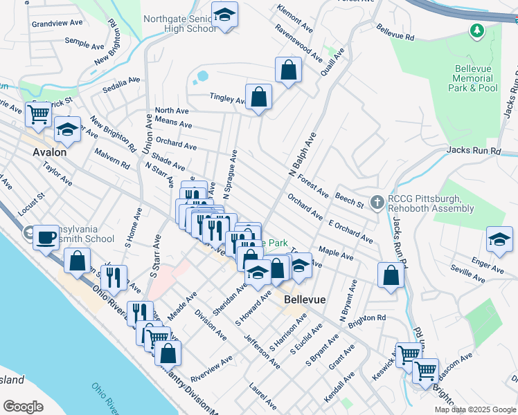 map of restaurants, bars, coffee shops, grocery stores, and more near 535 Dawson Avenue in Pittsburgh