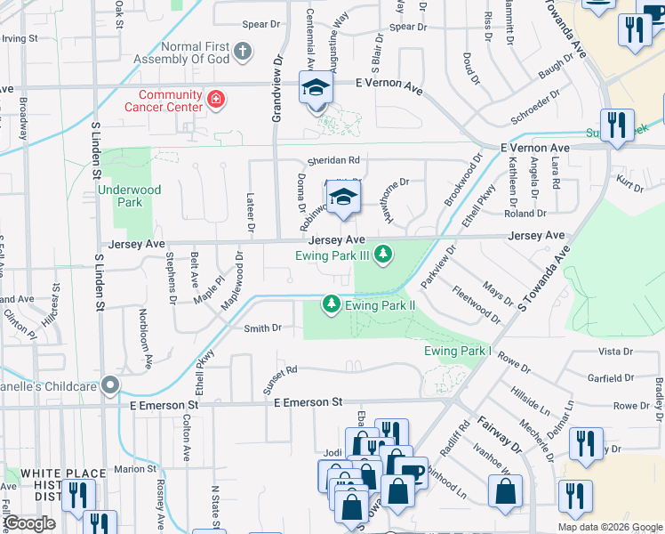 map of restaurants, bars, coffee shops, grocery stores, and more near 112 Eisenhower Drive in Bloomington