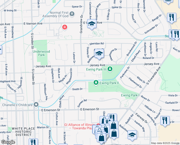 map of restaurants, bars, coffee shops, grocery stores, and more near 3 Birch Ct in Normal