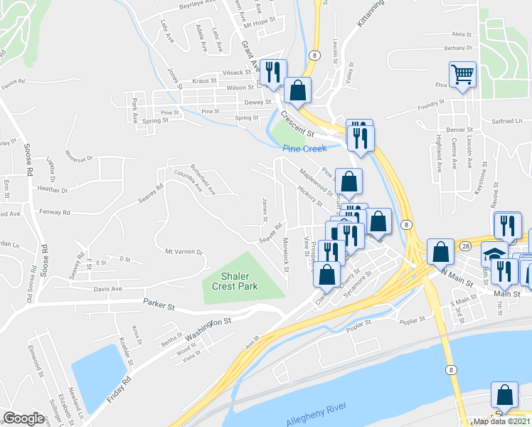 map of restaurants, bars, coffee shops, grocery stores, and more near 25 James Street in Pittsburgh