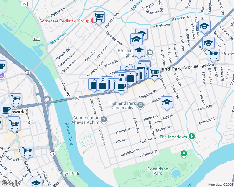 map of restaurants, bars, coffee shops, grocery stores, and more near 202 New Jersey 27 in Highland Park