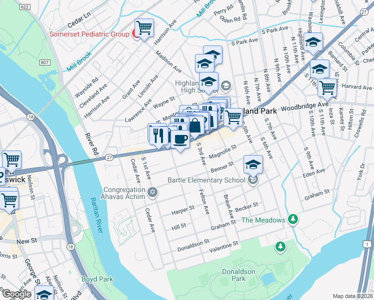 map of restaurants, bars, coffee shops, grocery stores, and more near 234 Raritan Avenue in Highland Park