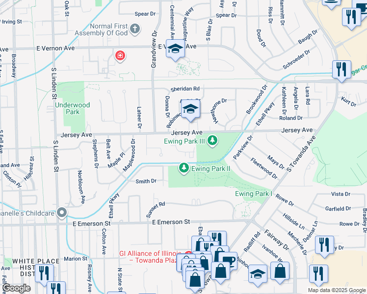 map of restaurants, bars, coffee shops, grocery stores, and more near 112 Eisenhower Drive in Bloomington