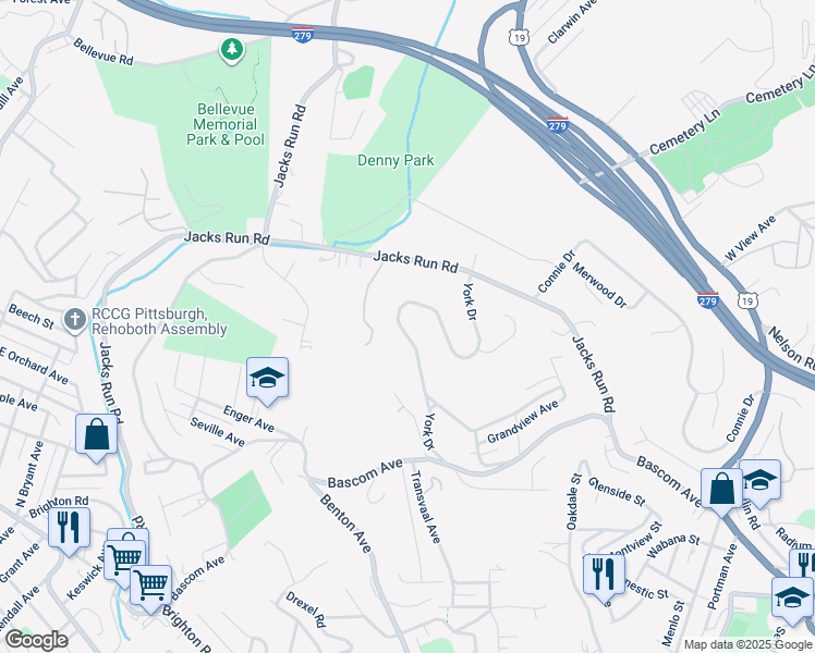 map of restaurants, bars, coffee shops, grocery stores, and more near 52 York Drive in Pittsburgh