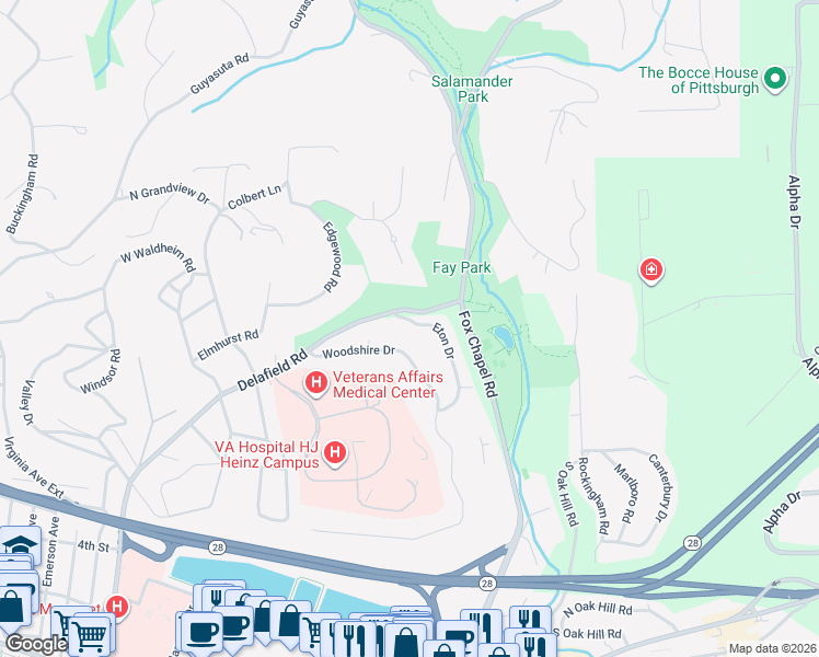 map of restaurants, bars, coffee shops, grocery stores, and more near 104 Eton Drive in Pittsburgh